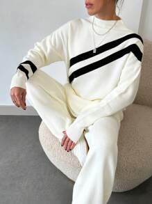 EURMUSE Women's Striped Half-high Collar Sweater Two-piece Set - White - View 5