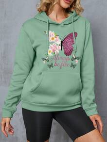 SHEIN LUNE Của phụ nữ Loại bướm In Áo nỉ có mũ - Màu xanh Bạc hà - Xem 3