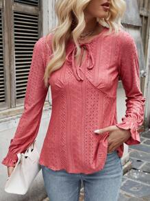 SHEIN LUNE 拉繩中空刺繡細節插口t恤衫 - 粉色 - 查看 5