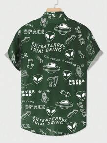 ROMWE MEN Street Life 男士外星人印花短袖襯衫,適合春夏日常穿著 - 軍綠色 - 查看 2