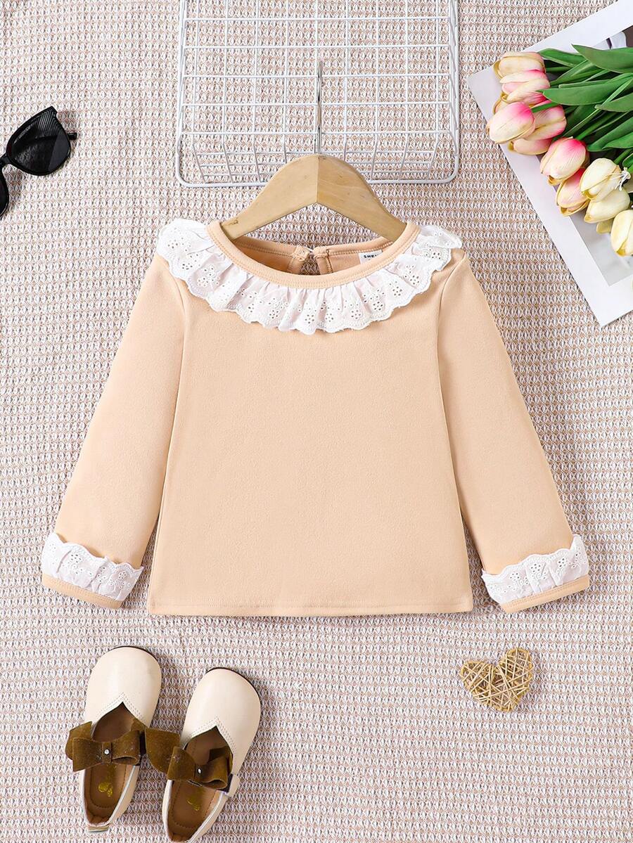 SHEIN 女童秋冬裝白色蕾絲修飾長袖插肩t卹