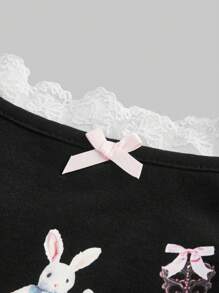 ROMWE Kawaii 女性拼接蕾絲兔子印花背心吊帶上衣 - 黑色 - 查看 3