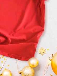 SHEIN Qutie 女裝寬鬆短袖T恤，印有新年口號印花 - 紅色 - 查看 3