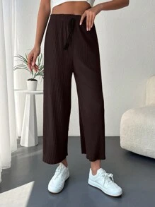 EURMUSE Tie Front Ribbed Knit Wide Leg Pants - Brown - View 1