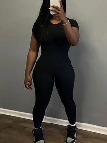 女士實色圓領短袖貼身連身衣 - 黑色 - 查看 4