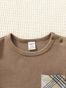 Enterizo De Cuello Redondo Con Babero Para Bebé Niño Con Diseño Patchwork De Cuadros - Café integral - Ver 6