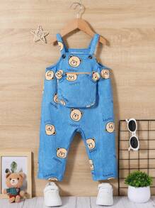 SHEIN Baby Boys' 1pc Cute Bear Denim Effect Jumpsuit