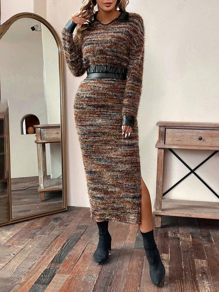 Color Blocking Pu Leather Patchwork Dip Dye Knit Top And Skirt Set