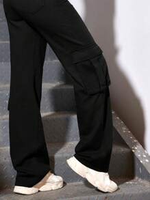 SHEIN EZwear Women's Denim Cargo Pants - Black - View 4