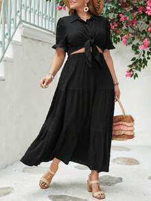 SHEIN VCAY Plus Size Bell Sleeve Shirt & High Waist Skirt Set Summer Two Piece Outfits - Black - View 5