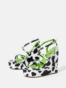 Women's Wedge Heel Thick Platform Sandals - Black and White - View 8