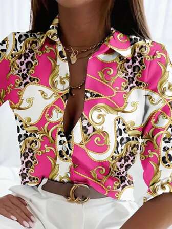 SHEIN Slayr Pink Baroque Chain Print Shirt