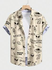 ROMWE MEN Street Life 男士外星人与字母印花短袖衬衫，适合春夏季日常穿着、上学 - 卡其色 - 查看 1