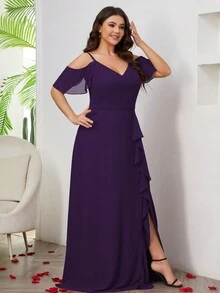 Váy phù dâu xẻ đùi xếp nếp cỡ lớn cho nữ dự tiệc cưới thanh lịch - Màu tím - Xem 4