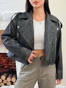 SHEIN EZwear Turn-down Collar Black Leather Jacket With Zipper - Black - View 7