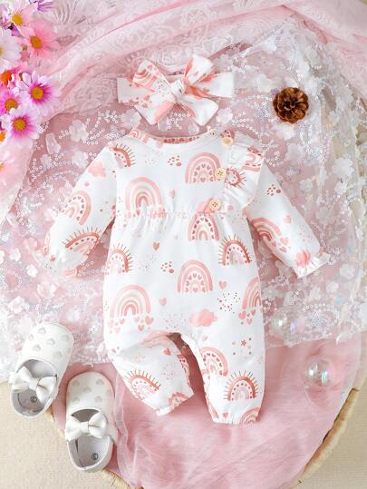 SHEIN 2入組新生兒女童彩虹心形和雲紋圓領連身衣,帶荷邊和頭帶,適用於休閒、戶外和家居穿著