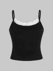 ROMWE Kawaii 女性拼接蕾絲兔子印花背心吊帶上衣 - 黑色 - 查看 2