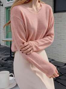 DAZY 女士純色v領放肩毛衣 - 粉色 - 查看 5