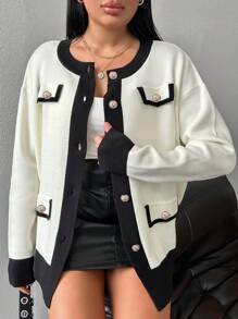RueChic Plus Size Women's Drop Shoulder Long Sleeve Cardigan With Single Breasted Closure - Black and White - View 5