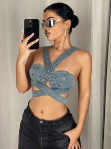 SHEIN ICON 女款交叉肩帶短版牛仔上衣 - 淺色水洗藍 - 查看 3