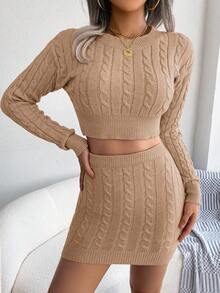 Fall/Winter European And American Style Casual Cable Knitted Sweater Crop Top And Bodycon Skirt Set - Khaki - View 4
