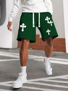 Manfinity LEGND Men's Casual Cross Printed Shorts With Drawstring Waist, Summer - Dark Green - View 5