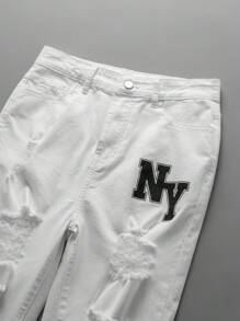 少年男孩新款休閒時尚水洗牛仔褲，印花補丁和破壞細節設計 - 白色 - 查看 4