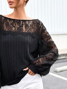 SHEIN Privé 女士蕾絲肩透氣長袖t恤 - 黑色 - 查看 6