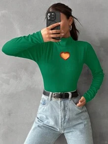 EURMUSE Heart Cut Out Mock Neck Tee - Army Green - View 5