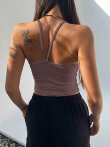 Dazy Star 女款羅紋褶襉短版吊帶上衣 - 棕色 - 查看 2