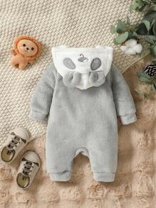 SHEIN 寶貝男寶可愛熊貓款式刺繡連身衣,帶帽和拉鍊,休閒時尚,厚實保暖,適用於日常穿著,秋冬季節 - 灰色 - 查看 2