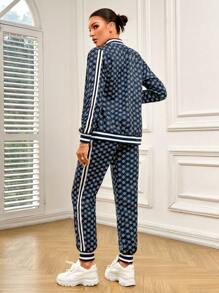 SHEIN 女式全印花拉链夹克和裤子套装 - 寶藍色 - 查看 2