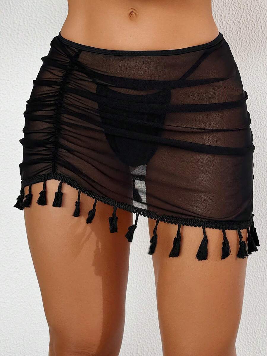 Swim Basics Summer Beach Boho Women's Fringe Decor Cover Up Skirt - Black - View 1