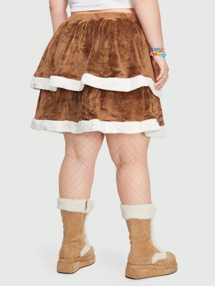 Plus Size Color Block Plush Skirt
