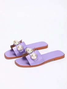Đúng mốt Quý cô Dép phẳng Với Trân châu Trang trí Khóa Và Chóp giầy hình vuông - Màu tím hoa cà - Xem 2