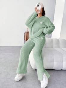 SHEIN EZwear Patch Details Teddy Sweatshirt And Pants Set - Olive Green - View 1