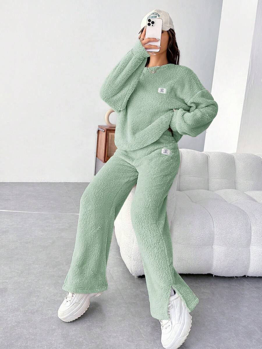 SHEIN EZwear Patch Details Teddy Sweatshirt And Pants Set - Olive Green - View 1