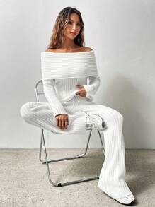 SHEIN Unity 女式露肩罗纹长袖毛衣和针织裤套装