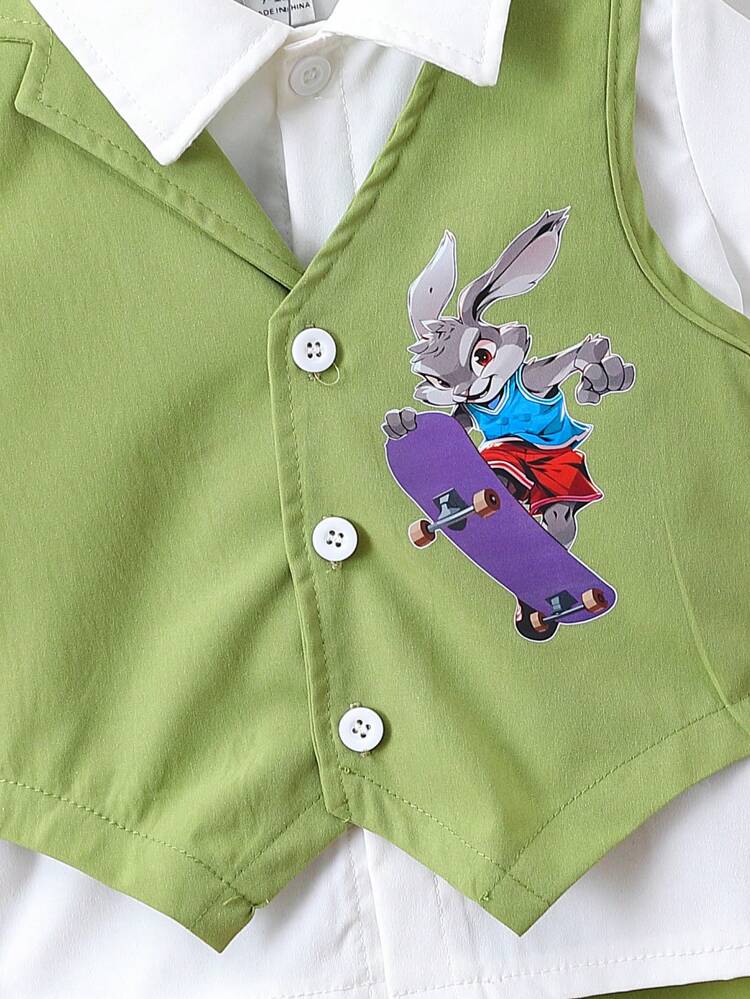 3pcs/Set Baby Boys' Cartoon Printed Vest, Solid Color Shirt, And Shorts Set, For Gentlemen