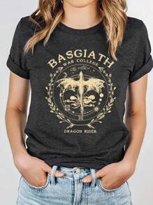 女士休闲蝙蝠与字母印花圆领 T 恤