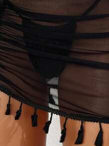 Swim Basics Summer Beach Boho Women's Fringe Decor Cover Up Skirt - Black - View 4