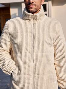 Manfinity Homme 男士宽松灯芯绒拉链夹棉大衣 - 杏色 - 查看 6