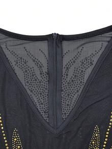 Sexy Rhinestone Studded Sheer Mesh Glitter Dress - Gold - View 4