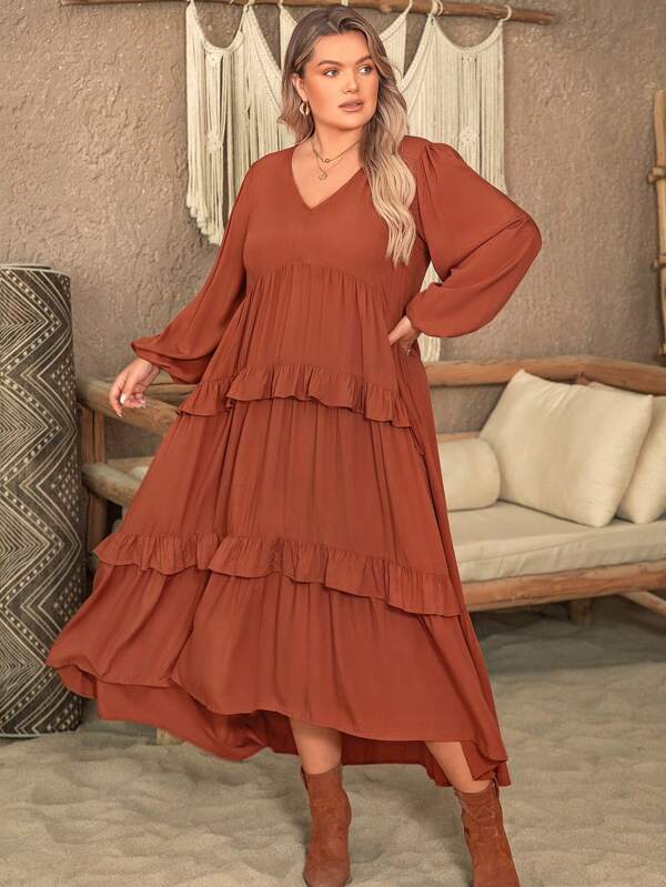 Rusttydustty Solid Color V Neck Long Sleeve Layered Ruffle Hem Plus Size Dress Seaside Vacation Boho Easter Beach Outfits Hawaii Coachella Music Festival Tropical Vacation