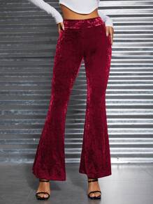 SHEIN PETITE 女士天鵝絨喇叭褲 - 酒紅色 - 查看 1