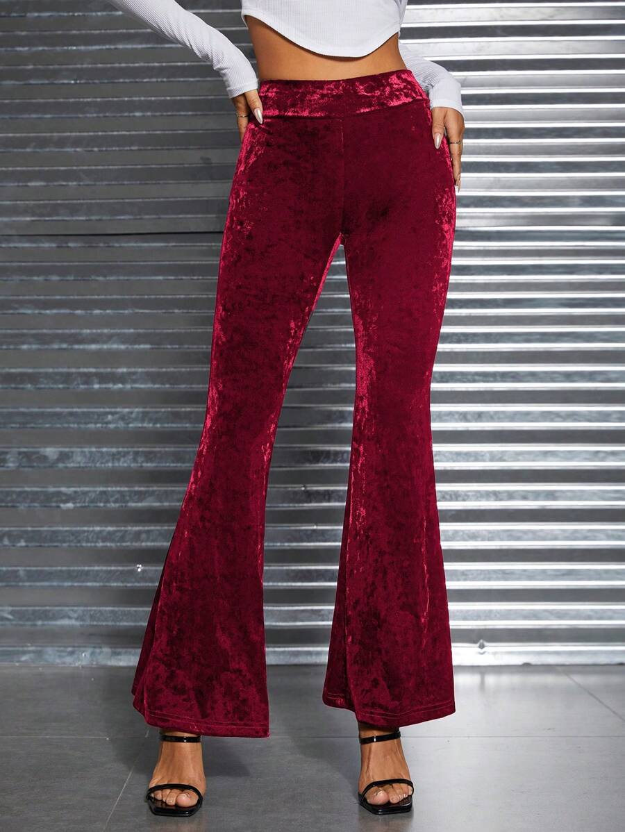 SHEIN PETITE 女士天鵝絨喇叭褲 - 酒紅色 - 查看 1