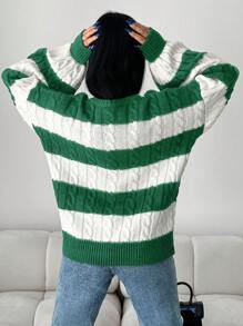 SHEIN Cottnline Women's Striped Colorblock Drop Shoulder Sweater - Green - View 2