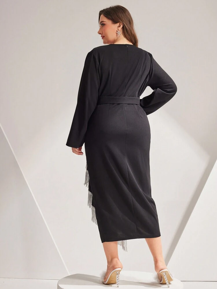 Plus Size Women'S Wrap Fringe Trim Dress