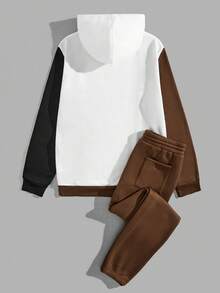 Manfinity RebelGame 男士拼色字母印花抽繩連帽衫和運動褲休閒 2 件/套 - 彩色 - 查看 2