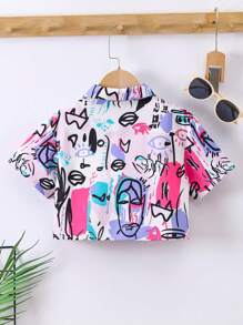 SHEIN Young Girls Graffiti Print Cropped Short Sleeve Shirt